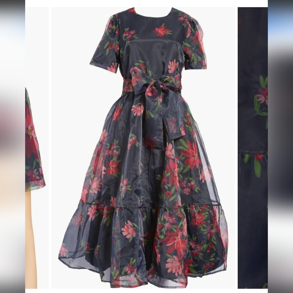 Black Floral Tie-Waist Midi Dress with Pink & Red Blooms